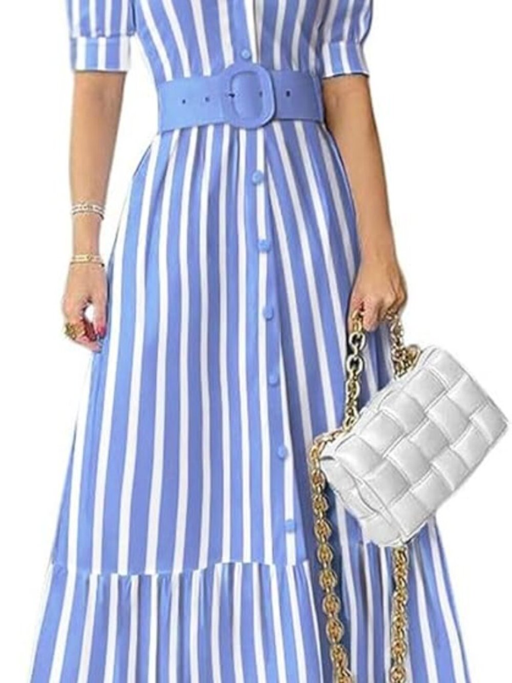 Women's Button Down Shirt Dress Casual Puff Short Sleeve Ruffle Hem Maxi Dresses - Picture 2 of 4